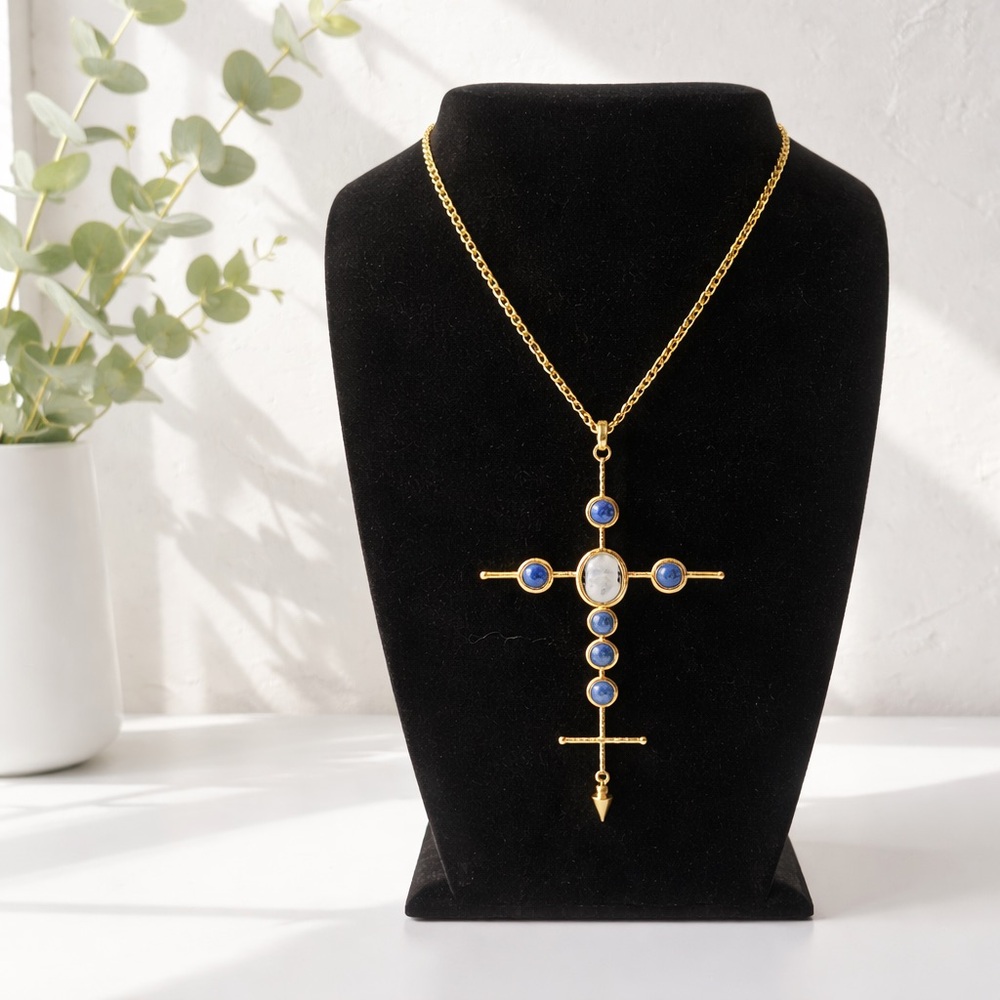 Gold and Blue Lapis Cross Pendant Necklace